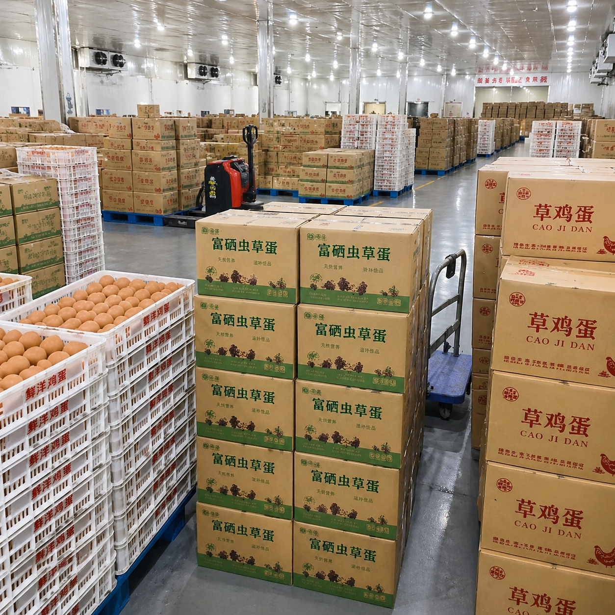蛋品仓库整箱备货和分拣配送现场